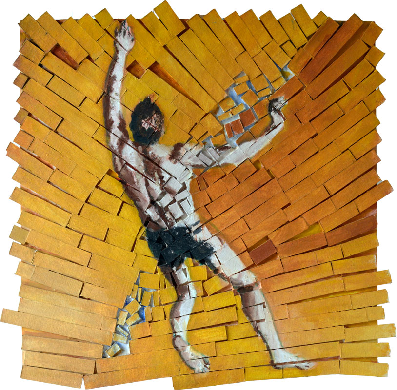 Oil painting of a man falling through a fragmented red-orange world, by Nicholas Stedman